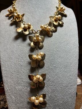 Yochi Gold Floral Pearl Cascade Necklace
